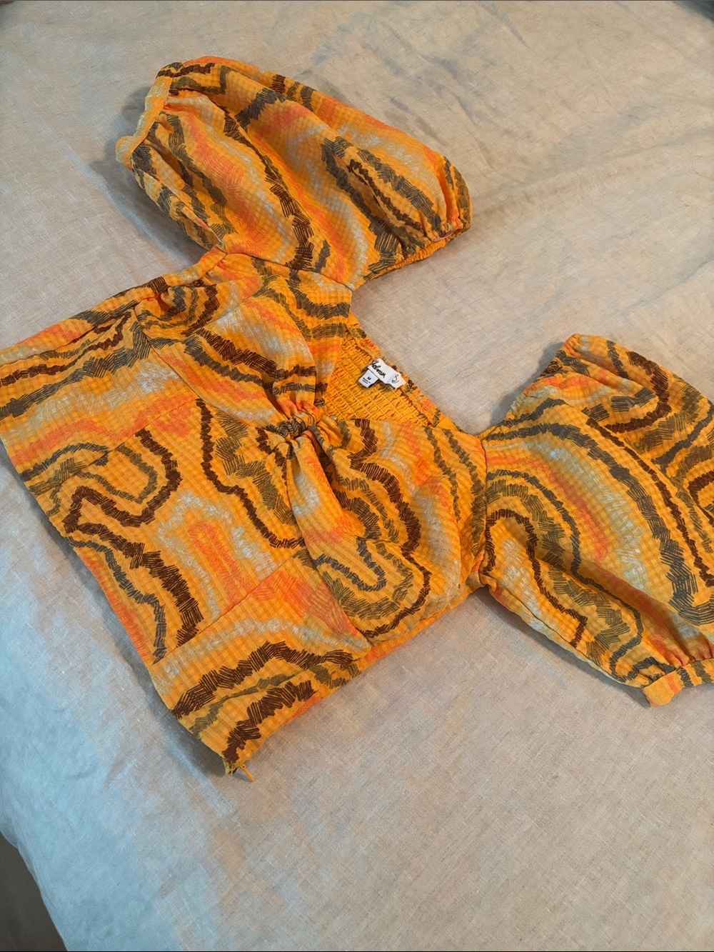 NWOT Sam Edelman Orange & Brown Abstract Puff-Sleeve Blouse